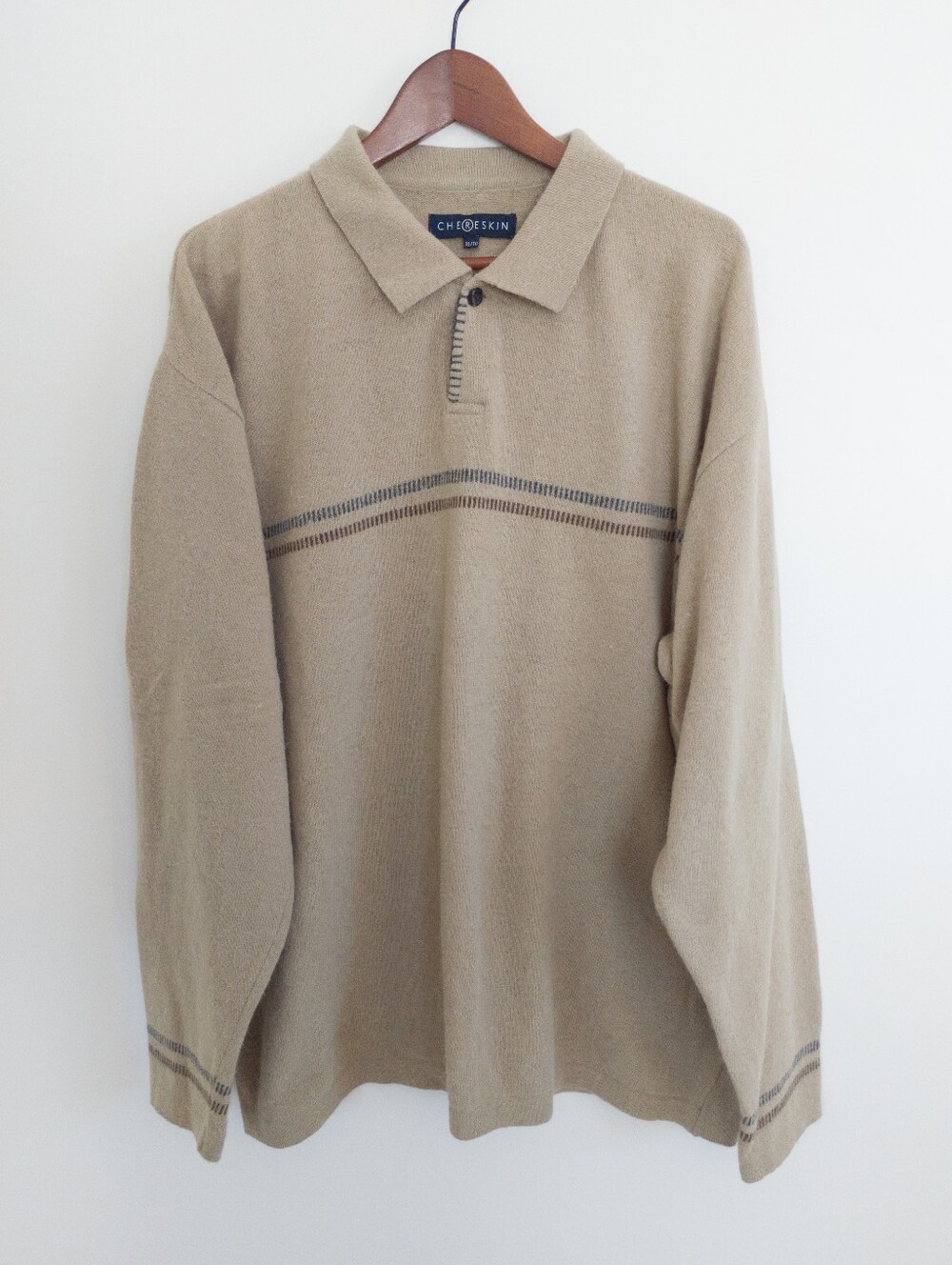 Vintage Chereskin Mens XL Lambswool Angora Polo Sweater Oatmeal Tan Knit